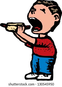 Vector illustration of boy eating hotdog