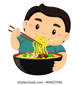 Vector Illustration of a Boy eating noodles using Chopstick