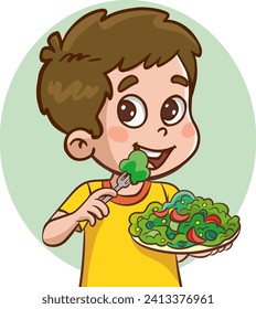 vector illustration of boy eating salad