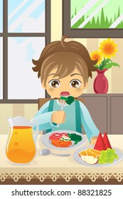 A vector illustration of a boy eating vegetables and fruits