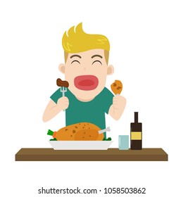 Vector illustration of a boy enjoy eating meal yummy on table - character cartoon