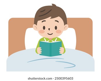 Vector illustration of a boy enjoying reading in bed