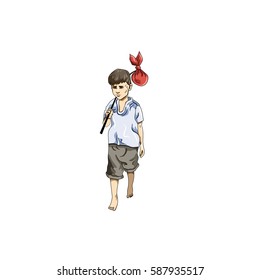 Vector illustration of boy in Everyday Walking Up Hilll pose on white background