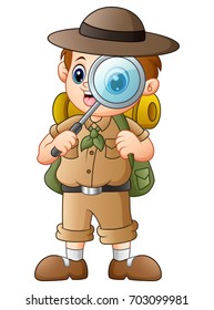 Vector illustration of Boy explorer with magnifying glass