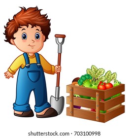 Vector illustration of Boy farmer holding shovel with vegetables in a wooden crate 