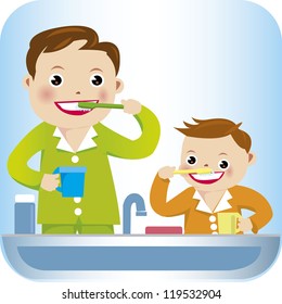 A vector illustration of a boy and father brushing his teeth