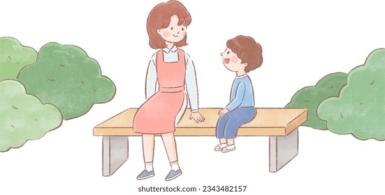 vector illustration of a boy with a female teacher talking on a bench