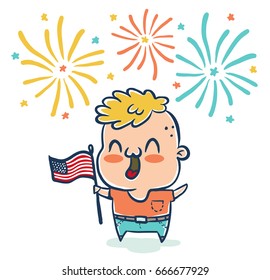 Vector illustration of a boy with flaf USA for 4th july . American independence day.