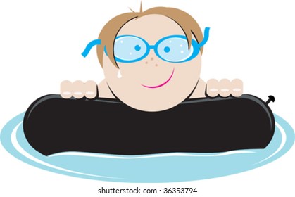 a vector illustration of a boy floating in an inner tube