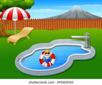 Vector illustration of Boy floating on inflatable ring in the pool