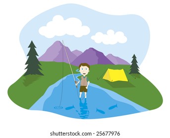 Vector illustration of a boy fly fishing.