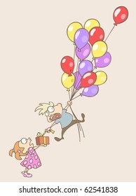 Vector illustration of a boy flying away on the balloons an trying to get his present at the same time