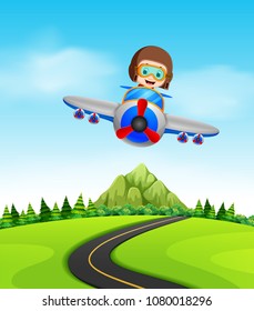 vector illustration of a boy flying a plane