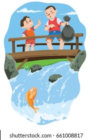 Dibujo vectorial de un niño prohibió a otro que arrojara basura al río. Ilustración Grande para niños.