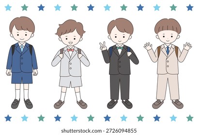 Vector illustration of a boy in formal attire at the entrance ceremony. Children, elementary school students