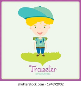 Vector illustration boy in a funny and cartoon style design with place for text. Bright background with cute elements. Spring or summer season. Template for Travel and Camp. Profession traveler