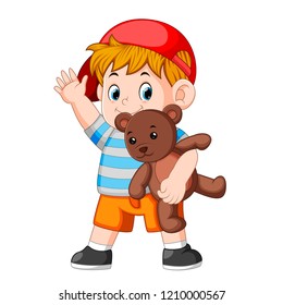 vector illustration of a boy funny play with the teddy bear