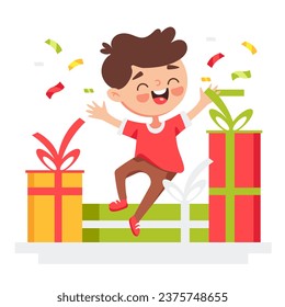 Imagen vectorial de un niño recibiendo regalos en un lindo estilo de caricatura.