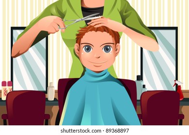 A vector illustration of a boy getting a haircut