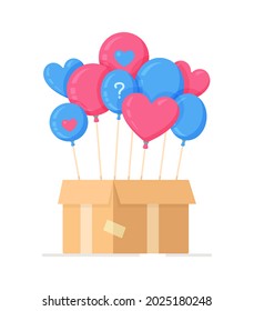 Vector illustration of a boy or a girl. Blue and pink balloons in a cardboard box. 