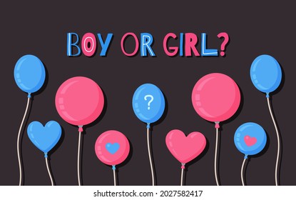 Vector illustration of a boy or girl. Blue and pink balloons on a dark brown background.