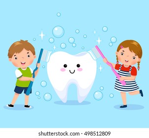 Ilustración vectorial del niño y la niña que cepilla el diente blanco