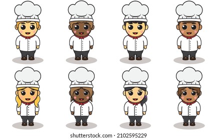 Vector illustration of boy and girl chef in white hat. Characters set of children cooks. Happy cute Kid chef character wearing chef outfit with cheerful expression.