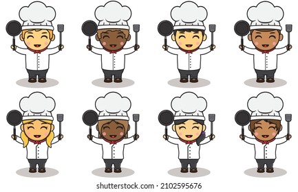 Vector illustration of boy and girl Chef holding Spade and Frying pan. Characters set of children cooks. Happy cute Kid chef character wearing chef outfit with cheerful expression.