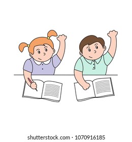 vector illustration of boy and girl in class at school, pupils want to tell the answer