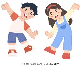 Vector illustration of boy and girl dancing happily and jumping