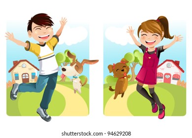 A vector illustration of a boy and a girl with a dog