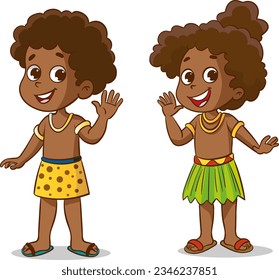 Imagen vectorial de un niño y una niña vestidos con ropa tradicional africana. Ilustración vectorial aislada en fondo blanco.