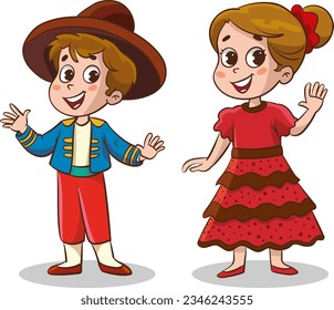 Vector illustration of a boy and girl dressed in traditional spanish clothes