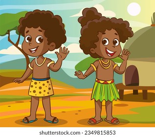 Vector illustration of a boy and girl dressed in traditional african clothes.Cute African American girl and boy. Vector illustration isolated on white background.