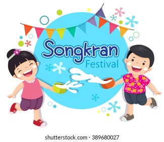 Vector illustration of boy and girl enjoy splashing water in Songkran festival, Thailand