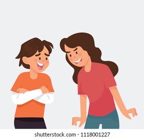 vector illustration boy and girl fighting to each other, brother and sister having quarrel, relationship between brother and sister