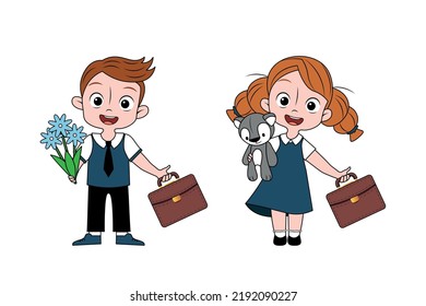 vector illustration. boy and girl go to school with briefcases. first graders with flowers. girl holding a teddy bear. children in school uniform holding a bag