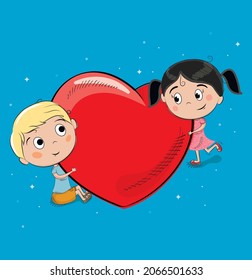 vector illustration boy and girl hold big heart