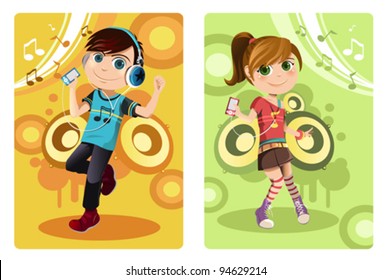 A vector illustration of a boy and a girl listening to music