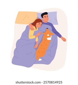 Vector illustration of a boy and a girl in love sleeping in bed. Cartoon scene of a top view of a happy couple, boy and a girl, a pet, a dog, sleeping in bed hugging isolated on a white background.