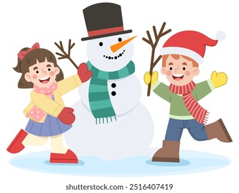 Ilustración vectorial de niño y niña haciendo un muñeco de nieve