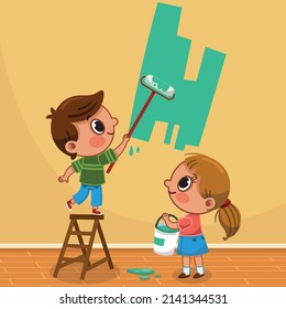 Vector illustration of a boy and a girl painting the wall.
