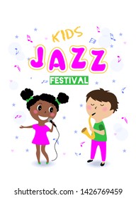 vector illustration of boy and girl performing jazz, vertical banner of children's jazz festival