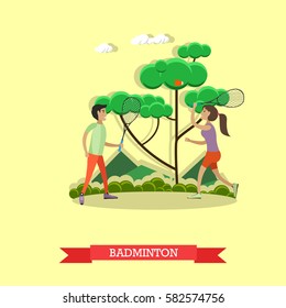 Vector illustration of boy and girl playing badminton. Summer vacation, outdoor games concept design element in flat style.