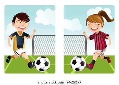 A Vector Illustration Of A Boy And A Girl Playing Soccer