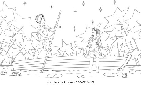 Vector illustration a boy and a girl ride a boat at night, admire the stars, coloring