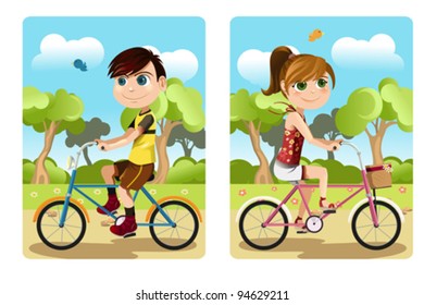 A vector illustration of a boy and a girl riding bicycle
