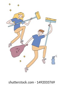 Vector illustration, boy and girl running to clean, young cleaning company, cleaning