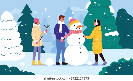 Vector illustration of a boy and girl sculpting a snowman. Cartoon scene of winter landscape with Christmas trees, smiling boy and girl dressed in winter clothes, sculpting and decorating snowman.