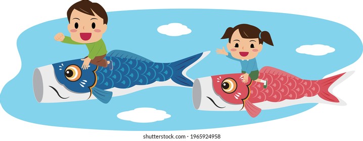 Vector illustration of a boy and girl sitting on japanese carp banners #01